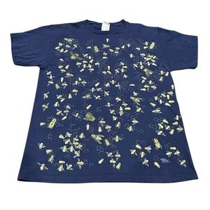 Vintage Y2K Look & Touch Mens Bee Texture Puffy‎ Tshirt Large Blue Two Sided